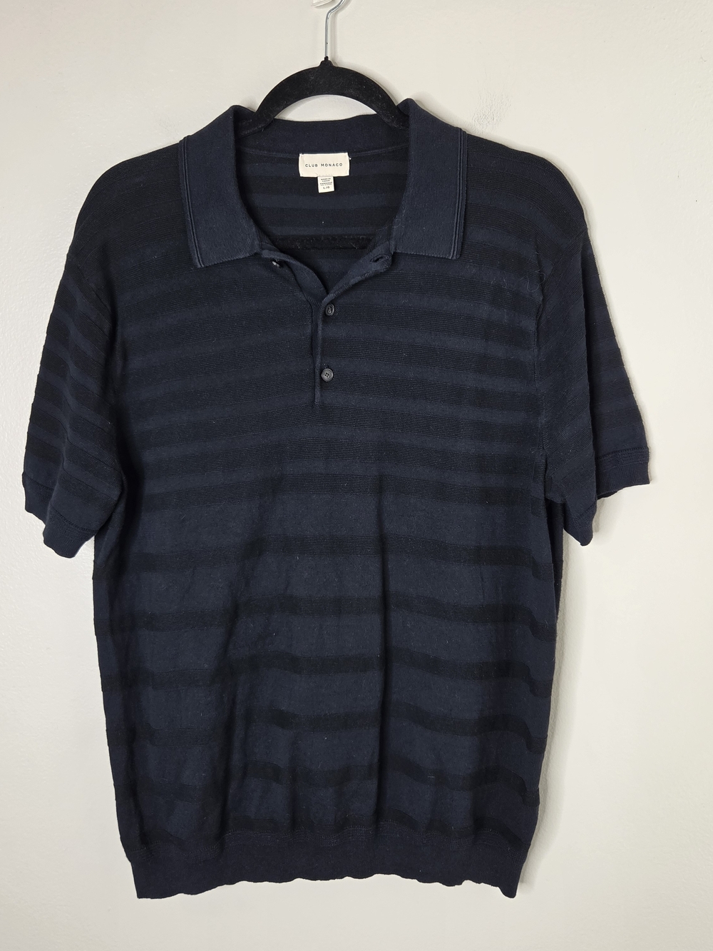 Club Monaco Mens Navy Striped Knit Polo Shirt
